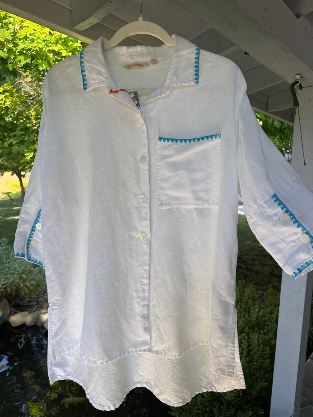 Cotton Linen Soft Surroundings White Button-Down Shirt Embroidered Blue Trim